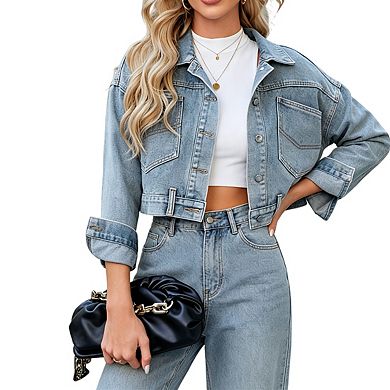 Womens Long Sleeve Cropped Denim Jacket Button Front Casual Jean Coat With Pockets