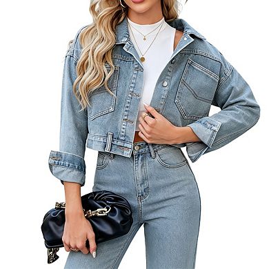 Womens Long Sleeve Cropped Denim Jacket Button Front Casual Jean Coat With Pockets