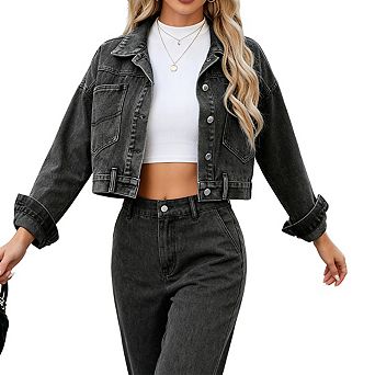 Womens Long Sleeve Cropped Denim Jacket Button Front Casual Jean Coat With Pockets