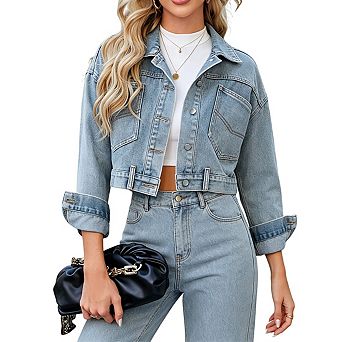 Womens Long Sleeve Cropped Denim Jacket Button Front Casual Jean Coat With Pockets