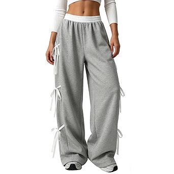 Womens Elastic Waist Wide Leg Sweatpants With Side Bow Detail Casual Long Pants