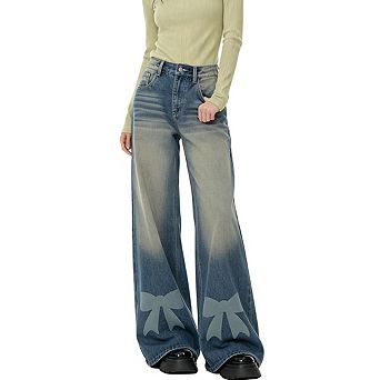 Womens High Waist Wide Leg Jeans With Ombre Wash And Bow Print Hem Detail