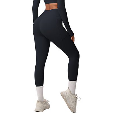 Womens High Waist Tummy Control Leggings With Side Pockets Soft Long Pants