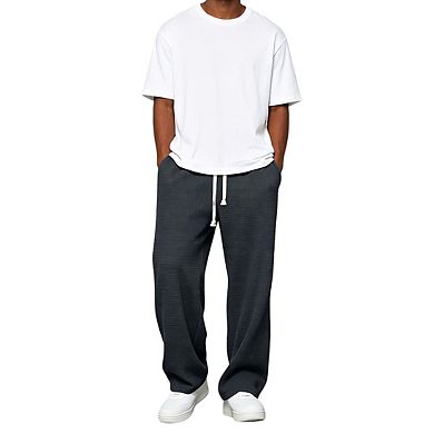 Mens Elastic Waist Wide Leg Sweatpants Waffle Knit Texture Drawstring Closure Long Pants