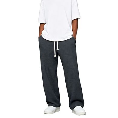 Mens Elastic Waist Wide Leg Sweatpants Waffle Knit Texture Drawstring Closure Long Pants