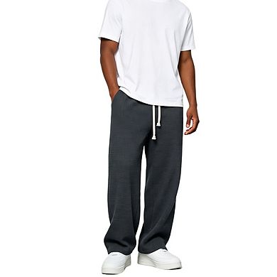 Mens Elastic Waist Wide Leg Sweatpants Waffle Knit Texture Drawstring Closure Long Pants