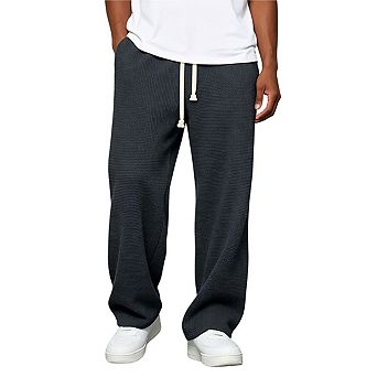 Mens Elastic Waist Wide Leg Sweatpants Waffle Knit Texture Drawstring Closure Long Pants