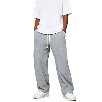 Mens Elastic Waist Wide Leg Sweatpants Waffle Knit Texture Drawstring Closure Long Pants