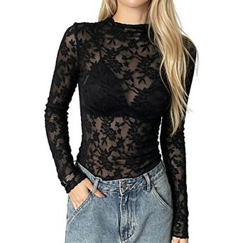 Women's Sheer Lace Mock Neck Long Sleeve Top See Through Floral Lace Blouse