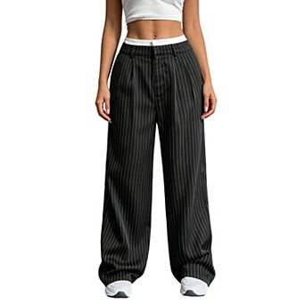 Women's High Waisted Wide Leg Pants Contrast Waist Straight Leg Trousers for Casual Office
