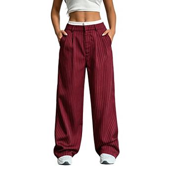 Women's High Waisted Wide Leg Pants Contrast Waist Straight Leg Trousers for Casual Office