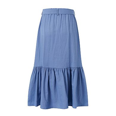 Girls Button Front High Waisted Long Skirt Solid Color Belt Ruffled Skirts with Pocket