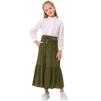Girls Button Front High Waisted Long Skirt Solid Color Belt Ruffled Skirts with Pocket
