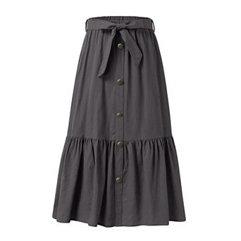 Girls Button Front High Waisted Long Skirt Solid Color Belt Ruffled Skirts with Pocket