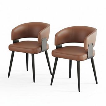 Modern Dining Chairs Set of 2 Upholstered Faux Leather Ergonomic Curved Open Metal Legs Easy