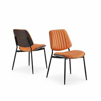 Set Of 2 Mid Century Modern Dining Chairs PU Leather Walnut Bentwood Metal Frame