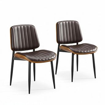 Set Of 2 Mid Century Modern Dining Chairs PU Leather Walnut Bentwood Metal Frame