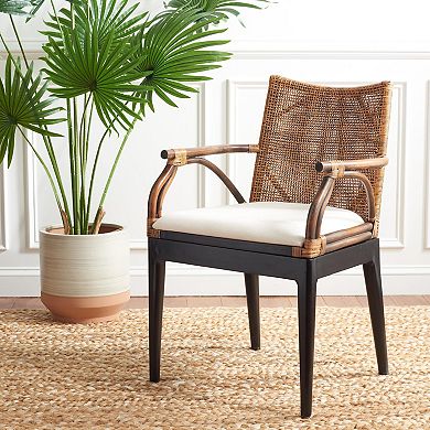 Tropical Rattan Arm Chair Solid Wood Cotton Cushion Living Dining Room Seating