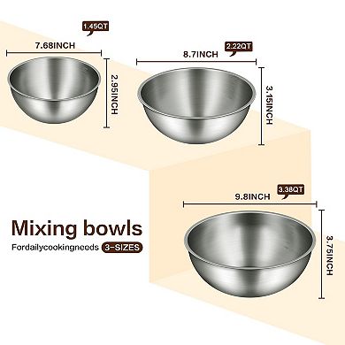 3-Piece Stainless Steel Mixing Bowls w/Measurement Marks Food Grade Dishwasher Safe Stackable for