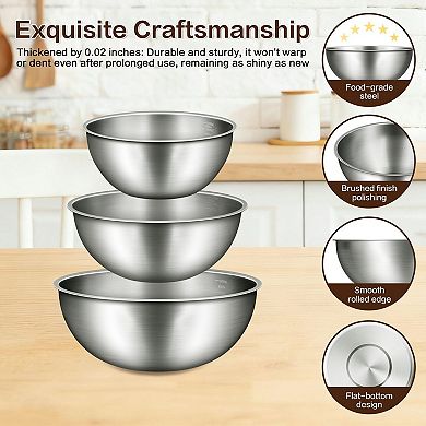3-Piece Stainless Steel Mixing Bowls w/Measurement Marks Food Grade Dishwasher Safe Stackable for