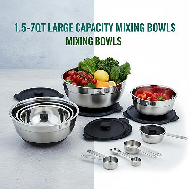 25pc Stainless Steel Mixing Tools 5 Sizes Lids Measuring Cups Spoons Baking Prep Nesting