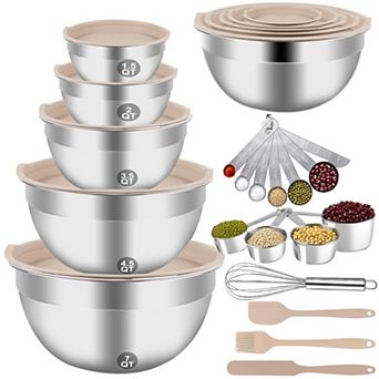 25 pc Stainless Steel Mixing Tools 5 Sizes Lids Measuring Cups Spoons Baking Prep Nesting