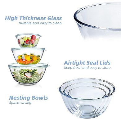 Glass Mixing Bowls Set with Lids 3 Sizes Nesting Dishwasher Safe Oven Microwave Safe