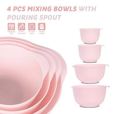 Nesting Plastic Mixing Bowl Set 4 Piece With Pour Spouts Food Safe Stackable Non-Sticky Anti-Slip