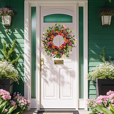 Artificial Spring Summer Wreath 22in Green Eucalyptus Pink Lavender Handmade Front Door Home Decor