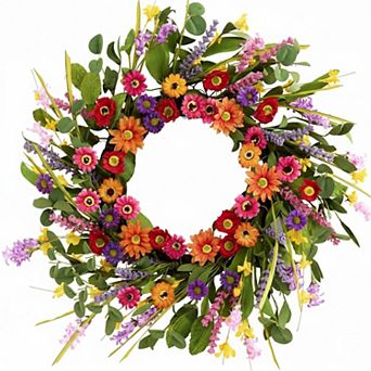 Artificial Spring Summer Wreath 22 in Green Eucalyptus Pink Lavender Handmade Front Door Home Decor