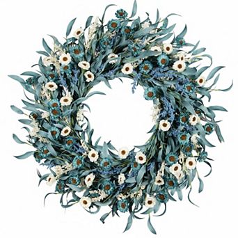 24" Blue Flower Wreath Front Door Spring Summer White Floral Eucalyptus Lavender Farmhouse Indoor