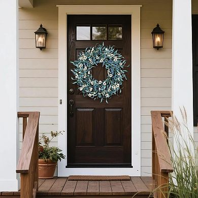 24" Blue Flower Wreath Front Door Spring Summer White Floral Eucalyptus Lavender Farmhouse Indoor