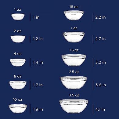 10 Piece Glass Mixing Bowl Set Nesting 1 Oz to 3.5 Qt Durable Safe