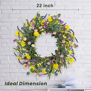 22 Inch Spring Summer Wreath Artificial Eucalyptus Lavender Daisy Front Door Indoor Outdoor Decor