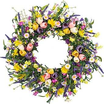 22 Inch Spring Summer Wreath Artificial Eucalyptus Lavender Daisy Front Door Indoor Outdoor Decor