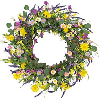 22 Inch Artificial Spring Summer Wreath with Lavender Wildflowers for Front Door Farmhouse Decor
