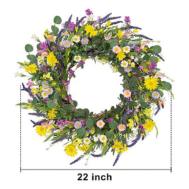 22 Inch Artificial Spring Summer Wreath with Lavender Wildflowers for Front Door Farmhouse Decor