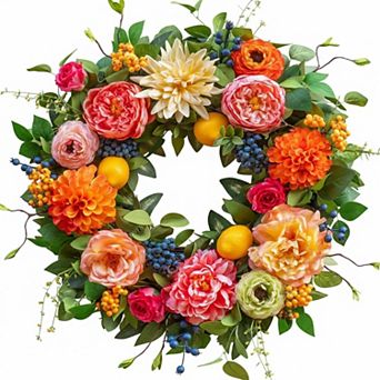 24 Inch Spring Summer Wreath Front Door Mixed Floral Faux Lemons Berries Greenery Outdoor Decor