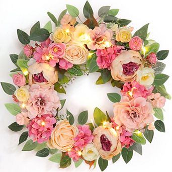 22" Lighted Timer Spring Summer Wreath Peony Hydrangea Rose Silk Flower Indoor Outdoor Decor
