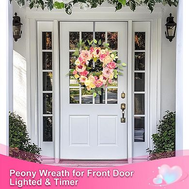 22" Lighted Timer Spring Summer Wreath Peony Hydrangea Rose Silk Flower Indoor Outdoor Decor