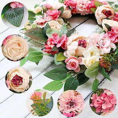 22" Lighted Timer Spring Summer Wreath Peony Hydrangea Rose Silk Flower Indoor Outdoor Decor
