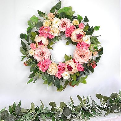 22" Lighted Timer Spring Summer Wreath Peony Hydrangea Rose Silk Flower Indoor Outdoor Decor