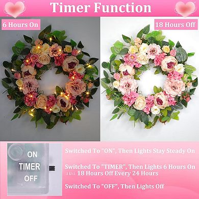 22" Lighted Timer Spring Summer Wreath Peony Hydrangea Rose Silk Flower Indoor Outdoor Decor