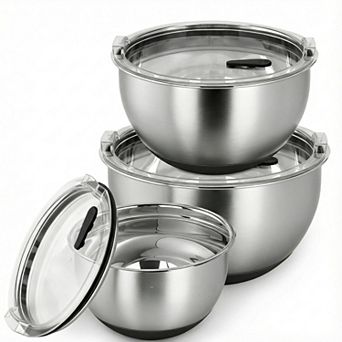 Stainless Steel Nesting Bowl Set w/Airtight Lids, 3 Sizes, Non-Slip Base, Measurement Marks