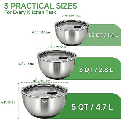 Stainless Steel Nesting Bowl Set w/Airtight Lids, 3 Sizes, Non-Slip Base, Measurement Marks