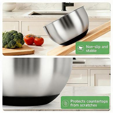 Stainless Steel Nesting Bowl Set w/Airtight Lids, 3 Sizes, Non-Slip Base, Measurement Marks