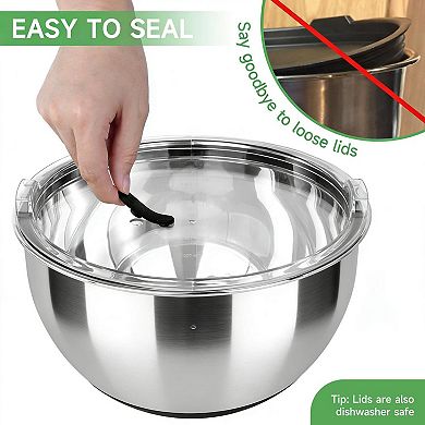Stainless Steel Nesting Bowl Set w/Airtight Lids, 3 Sizes, Non-Slip Base, Measurement Marks