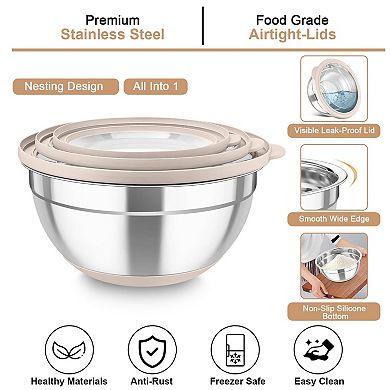 Stainless Steel Mixing Bowl Set with Colander Graters Lids Nesting Dishwasher Safe