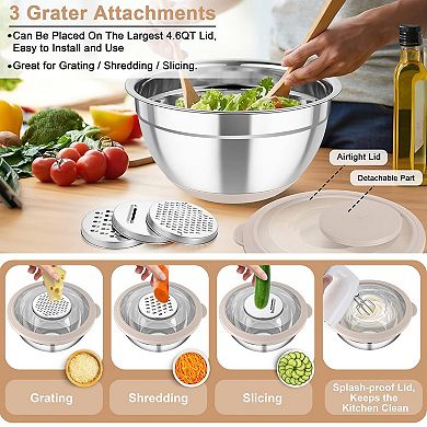 Stainless Steel Mixing Bowl Set with Colander Graters Lids Nesting Dishwasher Safe