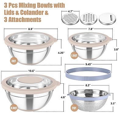 Stainless Steel Mixing Bowl Set with Colander Graters Lids Nesting Dishwasher Safe
